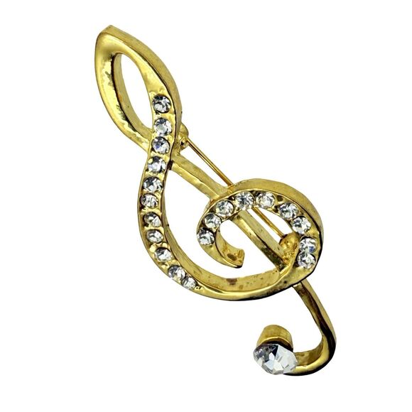 Vintage Crystal Music Note Brooch Pin 2", Gold-Tone, Elegant Treble Clef - Picture 5 of 10